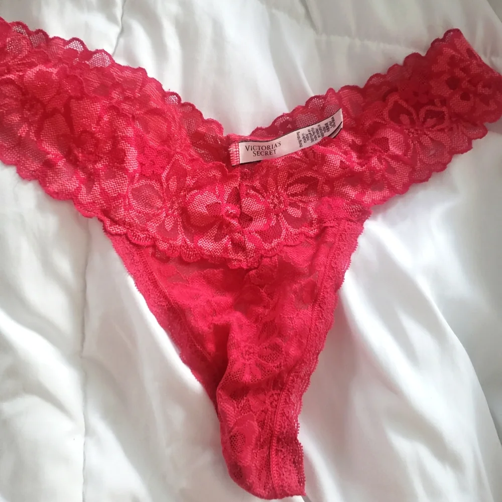 Sexy Pink/Red lacey Victoria Secret panty- used/worn condition Sexy Pink/Red lacey Victoria Secret panty- used/worn condition
